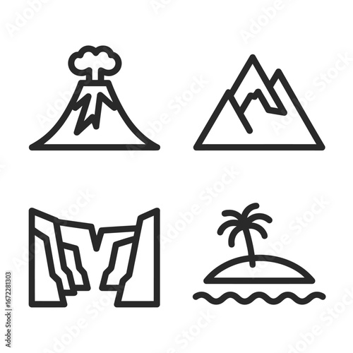 Line art icons of geographical features including volcano mountain canyon and tropical island scenery simple and minimal design