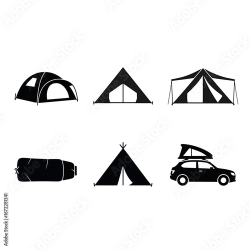 Camping Equipment Set Vector Illustration Featuring Tents Sleeping Bag and Car with Roof Tent for Outdoor Adventures and Wilderness Exploration