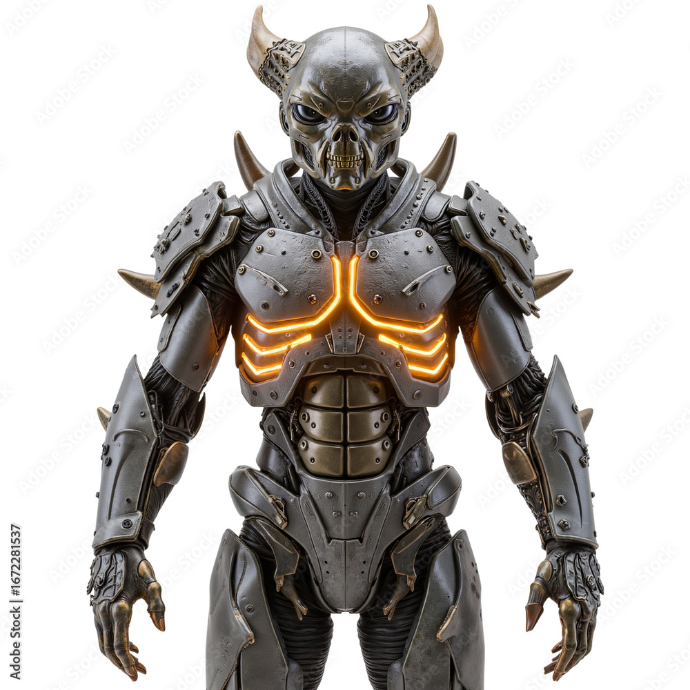 Fototapeta premium Futuristic armored robot warrior with glowing chest details