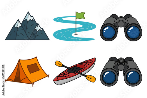 Camping and Outdoor Adventure Icons Illustration for Nature Tourism and Recreational Activities Exploring Wilderness and Enjoying Active Lifestyle