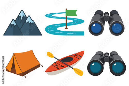 Outdoor Adventure Icons Featuring Mountains River Kayak Tent and Binoculars for Travel and Exploration Concepts