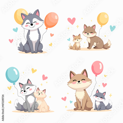 Cute Cartoon Fox With Balloons And Hearts Celebrating Together In A Cheerful Scene