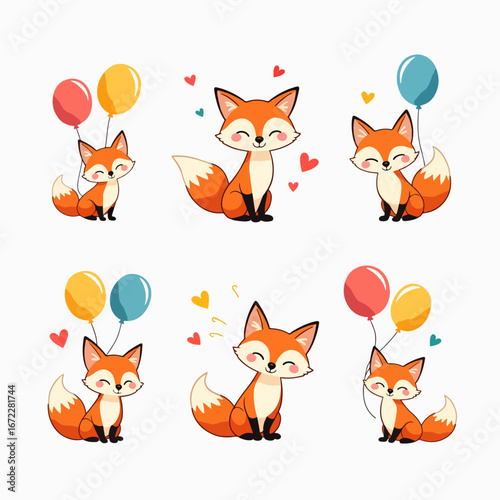 Cute Foxes With Balloons: Playful Cartoon Family Of Friends In Colorful Celebration