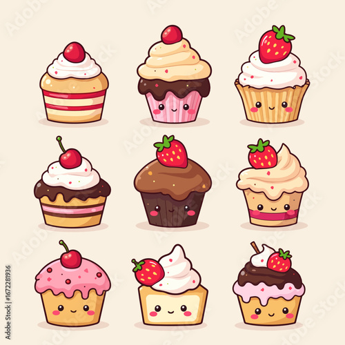 A charming dessert parade, a playful vector of cute cakes and pastries in sweet, glossy colors.