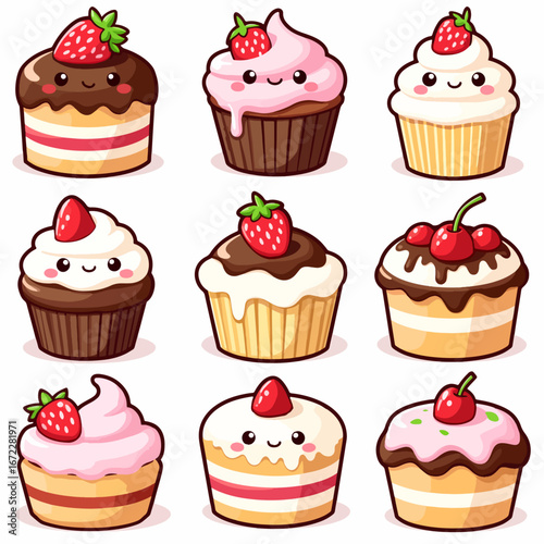 A sweet parade of whimsical desserts, a bright, glossy vector featuring cupcakes, cakes, and treats in cheerful colors.