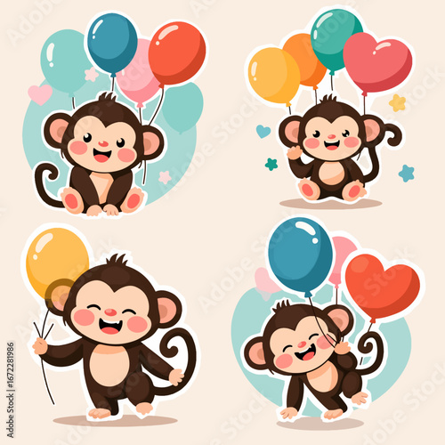 A joyful troop of balloon-loving monkeys, a bright, playful vector scene filled with cheerful primates and colorful balloons.
