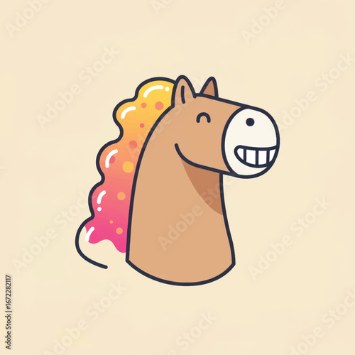 A cheerful cartoon horse head with a big toothy grin and a vibrant colorful wavy mane.