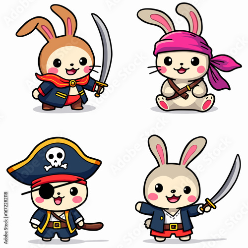 Set Charming Rabbit Characters, Four distinct bunnies, each with a unique personality and style.
