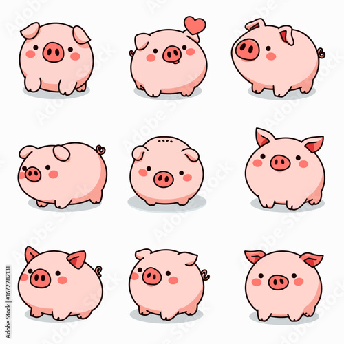 Happy Pigs in a Row, A cheerful grid of nine pink piglets with friendly expressions.