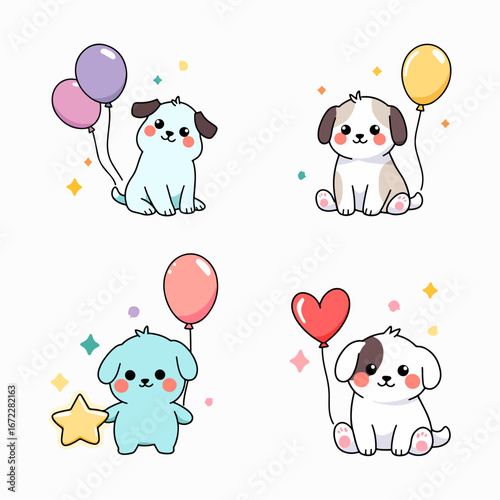 Set dog with Colorful Tail & Helium Balloons for Cute & Kawaii Illustration