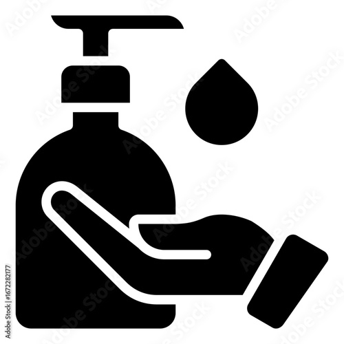 Hand Wash Glyph Black Silhouette Icon Design Vector - Hand washing with soap dispenser and water drop symbolizing hygiene and cleanliness
