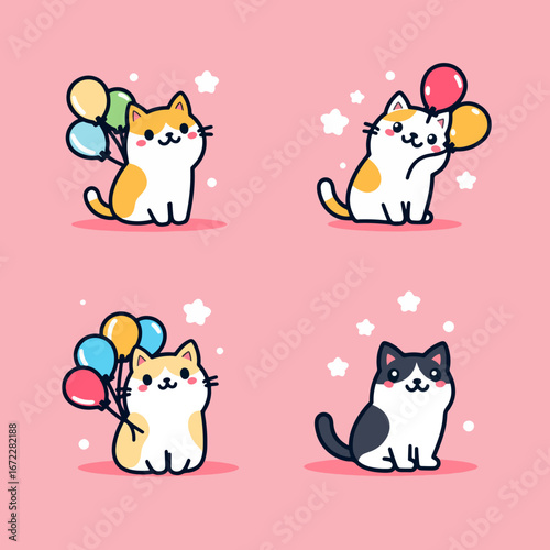 Adorable Kitty with Colorful Tail & Helium Balloons for Cute & Kawaii Illustration