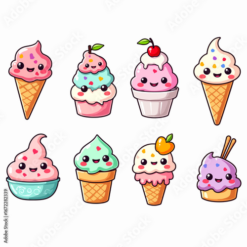 Colorful ice cream and dessert icons set with various sweet treats