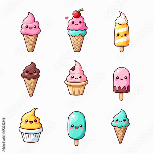 Colorful ice cream and dessert icons set with various sweet treats