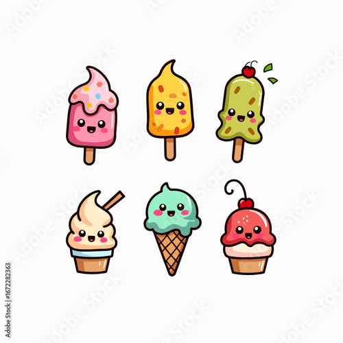 Colorful ice cream and dessert icons set with various sweet treats