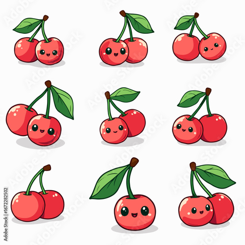 Cute Watercolor Kawaii Cherries with Smiling Faces and Leaves