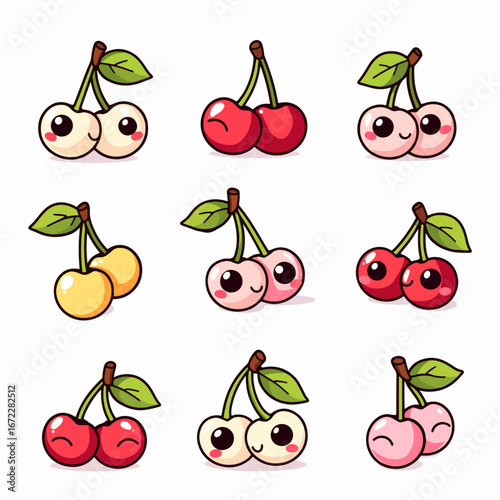 Cute Watercolor Kawaii Cherries with Smiling Faces and Leaves