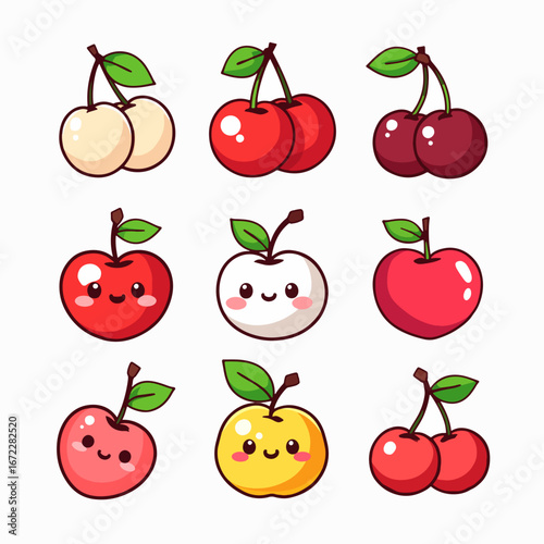 Cute Watercolor Kawaii Cherries with Smiling Faces and Leaves