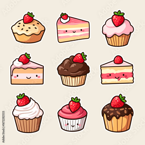 Set of kawaii style sweets including cookies, candy, macarons, cherries, muffin, and pancakes with strawberry