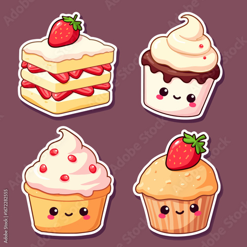 Set of kawaii style sweets including cookies, candy, macarons, cherries, muffin, and pancakes with strawberry