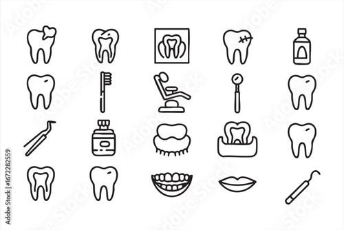 Dental and Tooth Vector Icon Pack with Braces Mouthwash Extraction and Checkup Tools