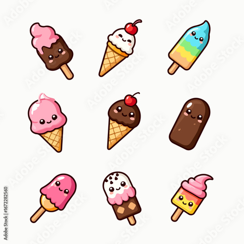 A whimsical scoop of kawaii desserts, a bright, glossy vector of ice cream, cupcakes, popsicles, and treats in cheerful colors.