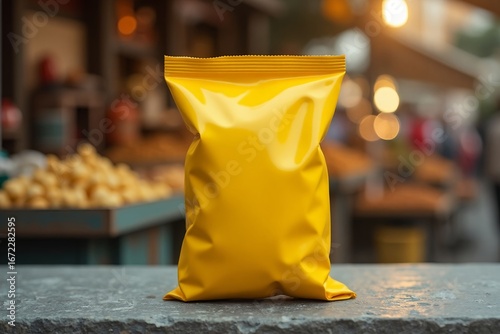 A yellow bag of chips sits on a gray surface with a blurred background of a food market setting scene