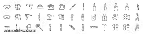  Electrical Tools Line Icon Set Minimal Vector Icons for Electricians, Construction, Repair, Engineering, and Industrial Equipment vector illustration 