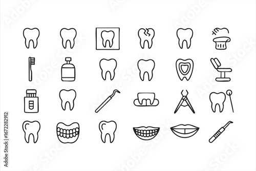 Dental Care Vector Icons with Tooth Brush Smile and Oral Hygiene Symbols