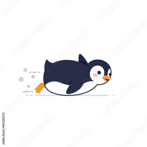 Cute cartoon penguin with pink cheeks sliding swiftly on its white belly.