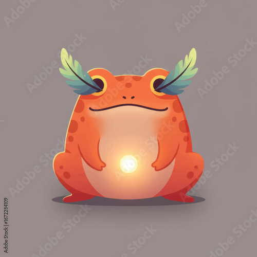 Cute cartoon orange frog with green feathered eyes sitting serenely while holding a glowing orb of light.