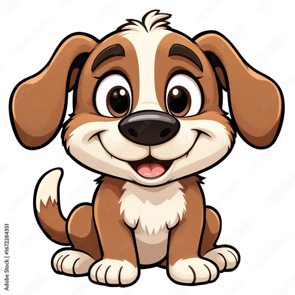 Obraz premium A cute cartoon puppy with big eyes sitting happily, perfect for pet-themed designs and children's content.