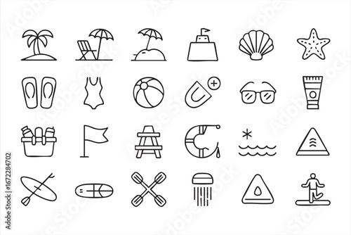 Tropical Summer Vector Icon Pack with Starfish Shell Surfboard and Sunglasses