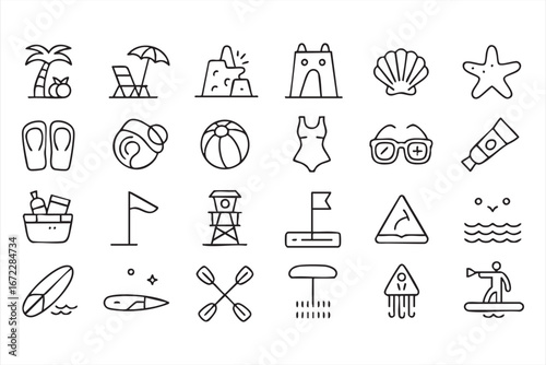 Seaside Travel Icons Collection with Beach Summer Holiday and Swimming Vectors