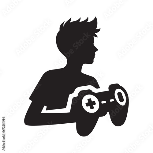Teenager gaming with controller vector silhouette line art logo design concept illustration