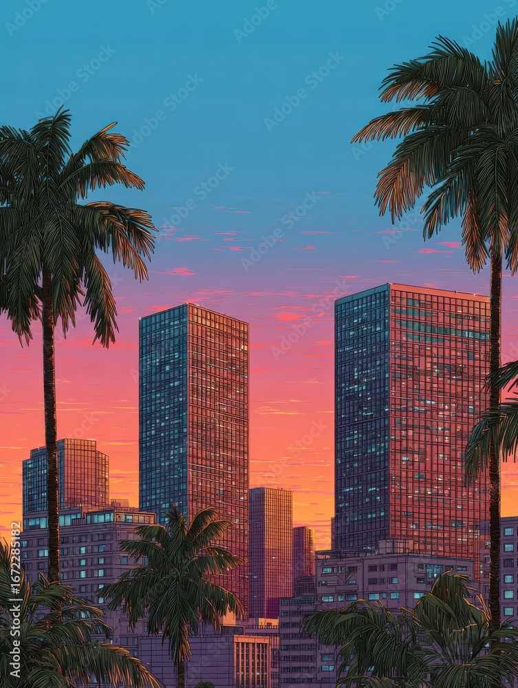 Naklejka premium retrostyle illustration of a city skyline at sunset with palm trees and a vibrant pink and orange sky over a grid