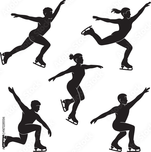 Five Black Silhouettes of Figure Skaters in Dynamic Poses on White figure skating ice skating