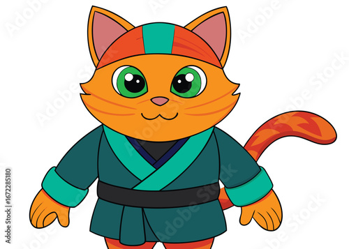 Cartoon Orange Cat Wearing a Teal Kimono and a Matching Headband