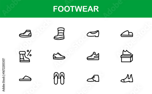Fashion Footwear Icons – Flat Linear Outline Minimal Vector Symbols of Sneakers, Sandals, Boots, Heels, Slippers, Shoes, Clean Modern Pack for Web and Apps