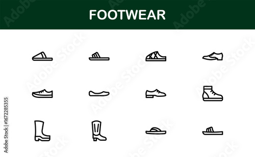 Footwear and Shoes Icons – Flat Outline Linear Vector Pack Featuring Sneakers, Sandals, Boots, Heels, Slippers, Fashion Accessories, Minimal Style for Web