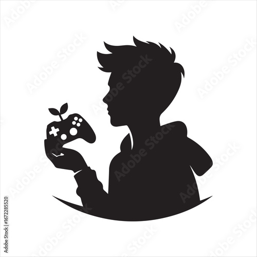 Teenager gaming with controller vector silhouette line art logo design concept illustration