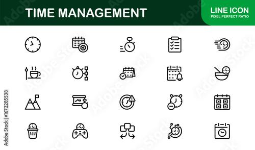 Time Management Line Icons – Flat Linear Outline Vector Set with Clock, Calendar, Planner, Schedule, Productivity Tools for UI and Infographic Projects