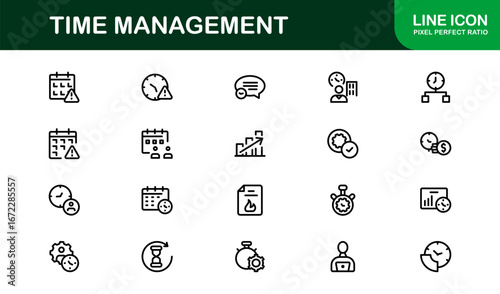 Productivity and Time Management Icons – Flat Linear Outline Vector Pack with Clock, Calendar, Planner, Schedule, Clean Minimal Style for Web and UI