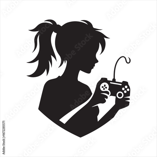 Teenager gaming with controller vector silhouette line art logo design concept illustration