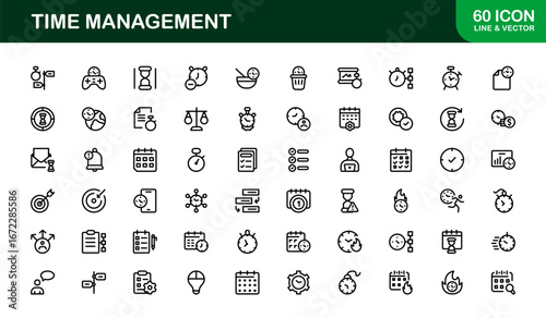 Flat Outline Time Management Icons – Linear Minimal Vector Pack Featuring Clock, Planner, Calendar, Stopwatch, Clean Design for Apps and Websites