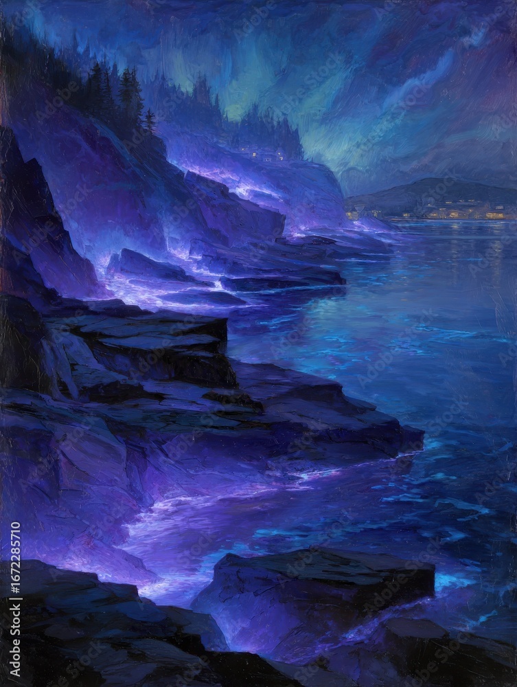 Fototapeta premium illuminated coastal landscape at night with purple and blue glowing forms