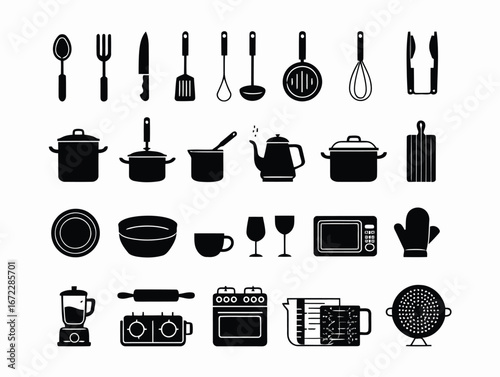 Vector art of collection of kitchen utensils and appliances