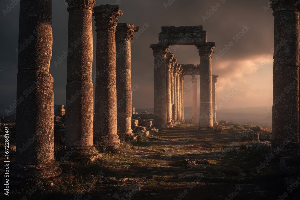 Fototapeta premium Exploring ancient ruins coastal region digital art dramatic lighting landscape historical significance