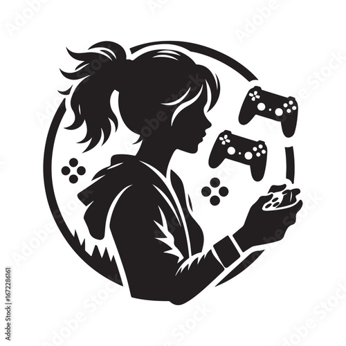 Teenager gaming with controller vector silhouette line art logo design concept illustration