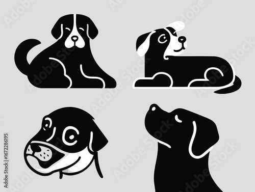 Vector art of collection of stylized dog portraits in black and white